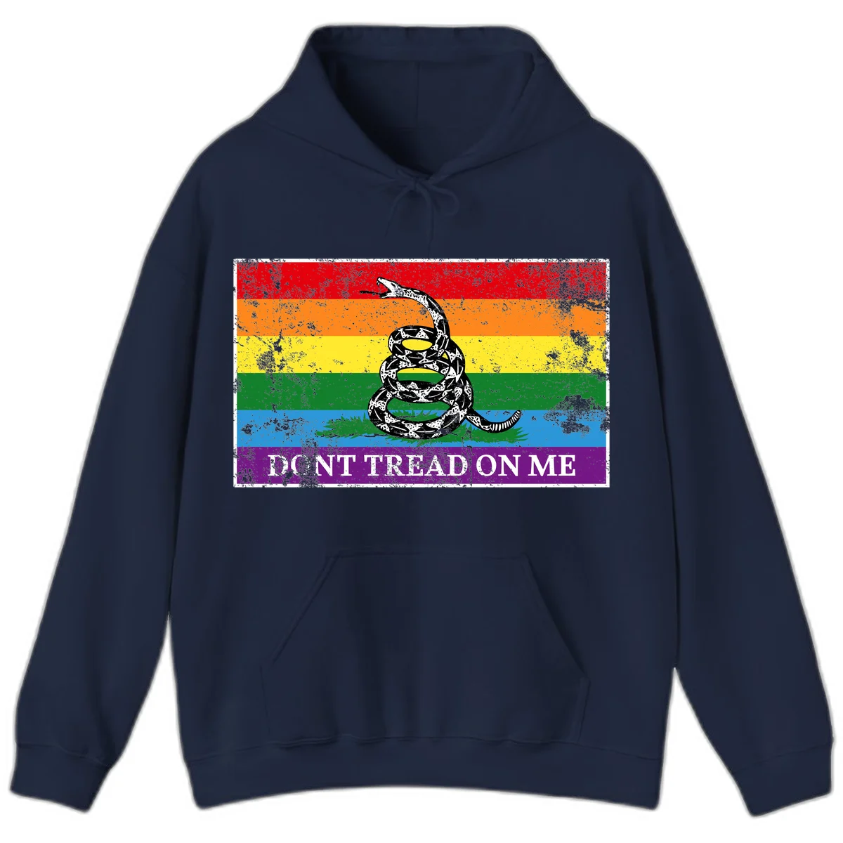Rainbow pride flag with coiled snake and 'Don't Tread On Me' text - don't tread pride snake design in Navy