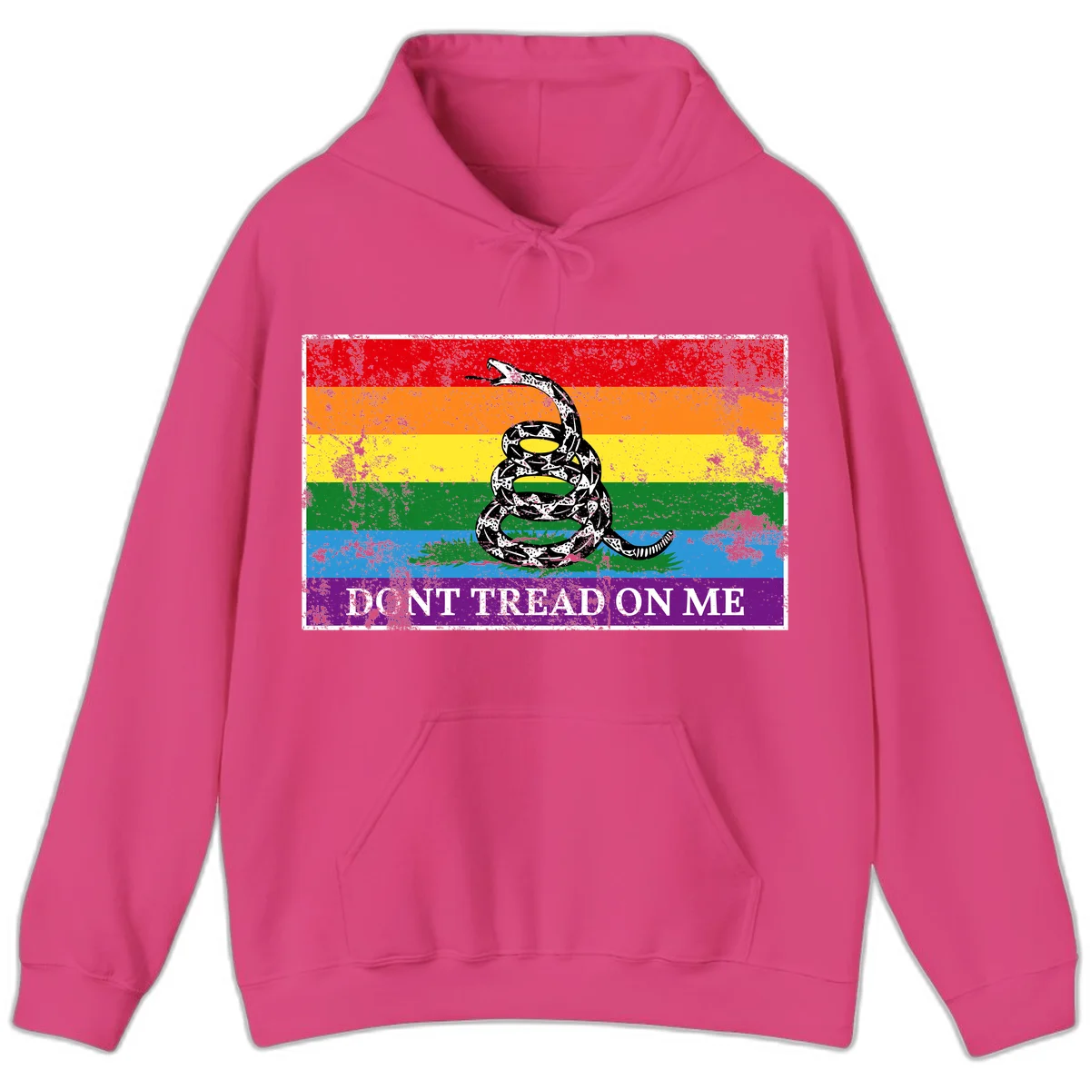 Rainbow pride flag with coiled snake and 'Don't Tread On Me' text - don't tread pride snake design in Heliconia