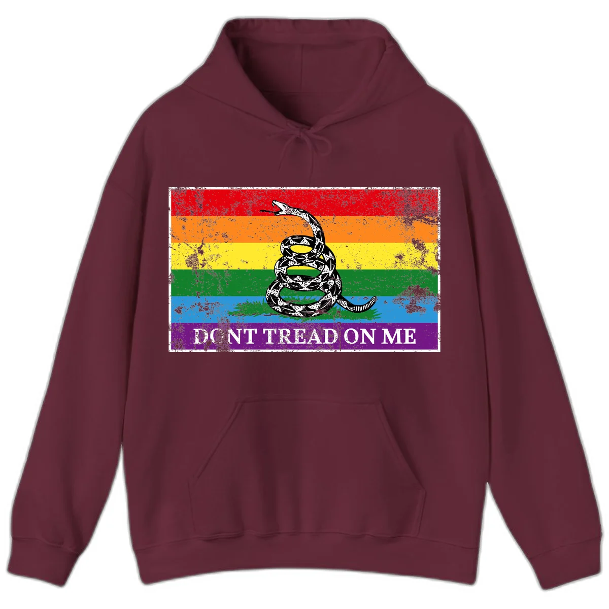 Rainbow pride flag with coiled snake and 'Don't Tread On Me' text - don't tread pride snake design in Maroon