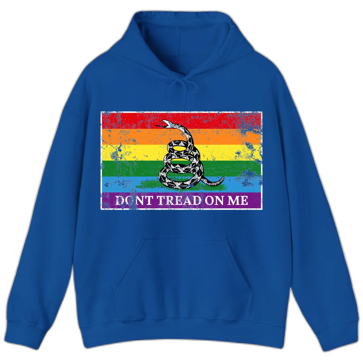 Rainbow pride flag with coiled snake and 'Don't Tread On Me' text - don't tread pride snake design in Royal