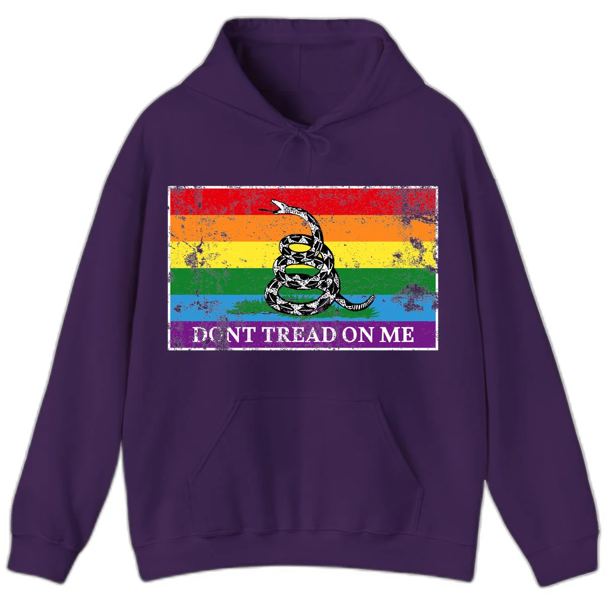 Rainbow pride flag with coiled snake and 'Don't Tread On Me' text - don't tread pride snake design in Purple