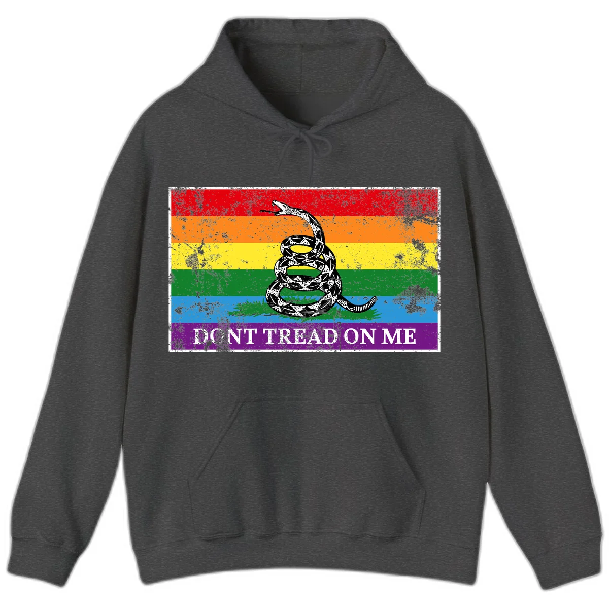 Rainbow pride flag with coiled snake and 'Don't Tread On Me' text - don't tread pride snake design in Dark Heather