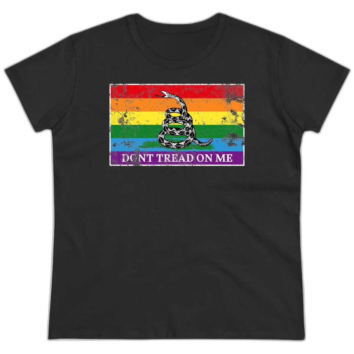 Rainbow pride flag with coiled snake and 'Don't Tread On Me' text - don't tread pride snake design in Black
