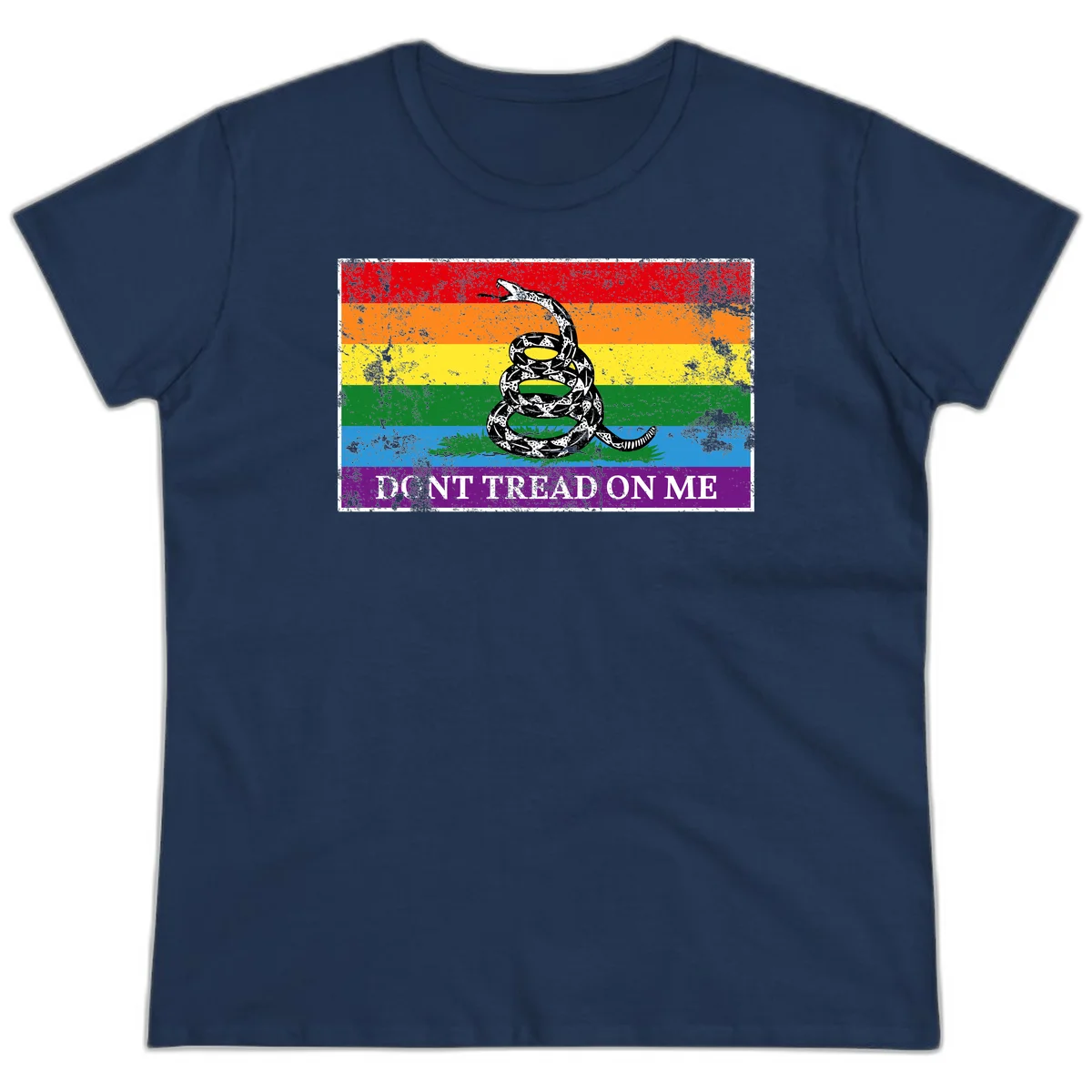 Rainbow pride flag with coiled snake and 'Don't Tread On Me' text - don't tread pride snake design in Navy