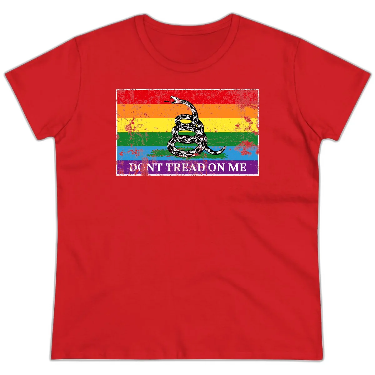 Rainbow pride flag with coiled snake and 'Don't Tread On Me' text - don't tread pride snake design in Red