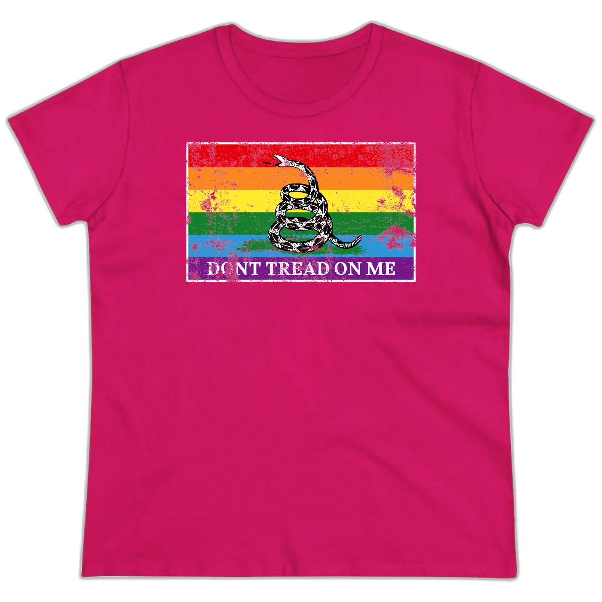 Rainbow pride flag with coiled snake and 'Don't Tread On Me' text - don't tread pride snake design in Heliconia