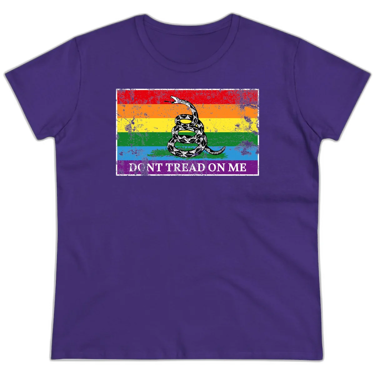 Rainbow pride flag with coiled snake and 'Don't Tread On Me' text - don't tread pride snake design in Purple