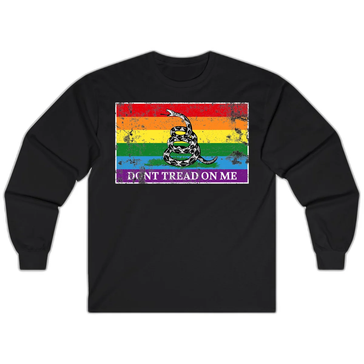 Rainbow pride flag with coiled snake and 'Don't Tread On Me' text - don't tread pride snake design in Black