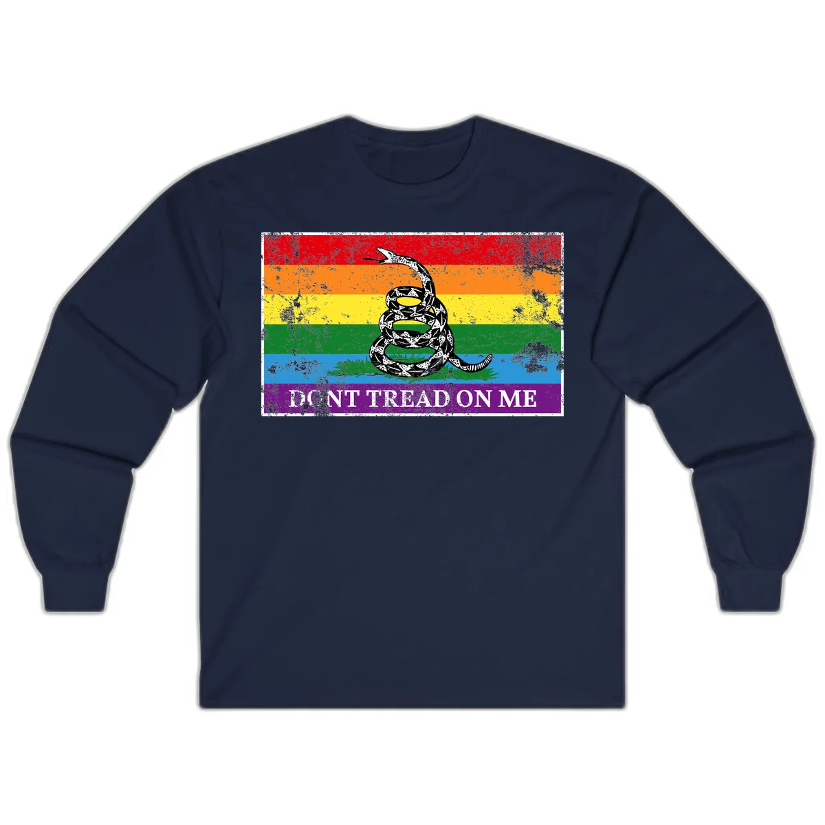 Rainbow pride flag with coiled snake and 'Don't Tread On Me' text - don't tread pride snake design in Navy