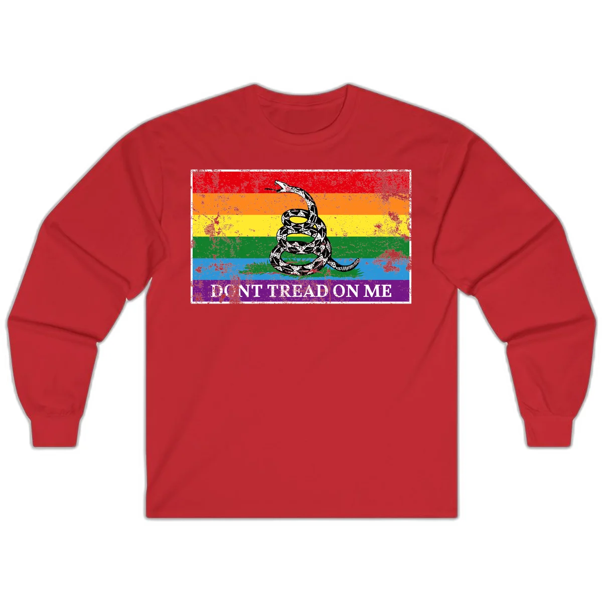 Rainbow pride flag with coiled snake and 'Don't Tread On Me' text - don't tread pride snake design in Red
