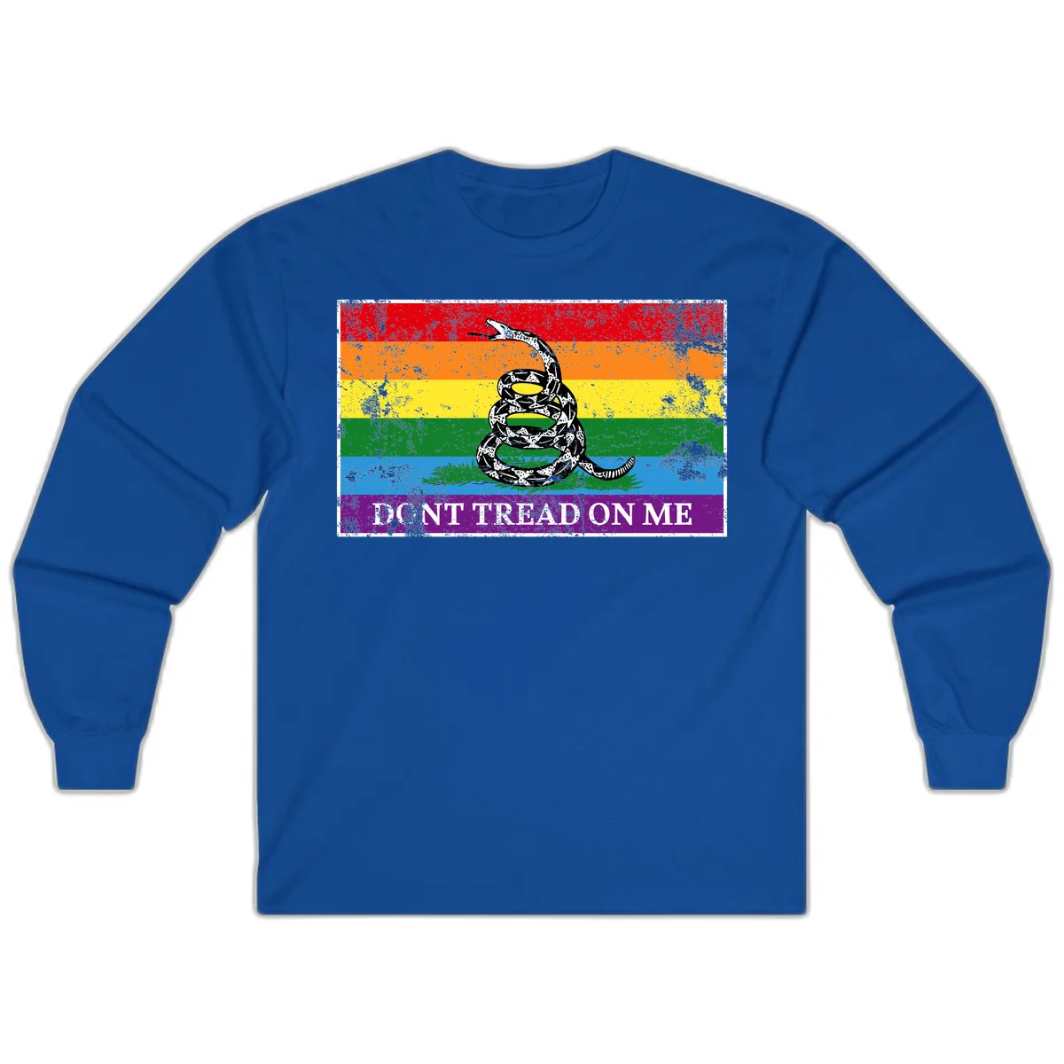 Rainbow pride flag with coiled snake and 'Don't Tread On Me' text - don't tread pride snake design in Royal
