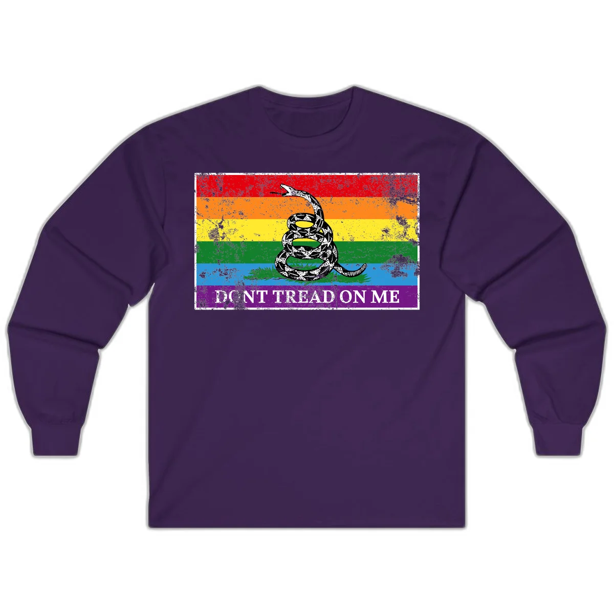 Rainbow pride flag with coiled snake and 'Don't Tread On Me' text - don't tread pride snake design in Purple