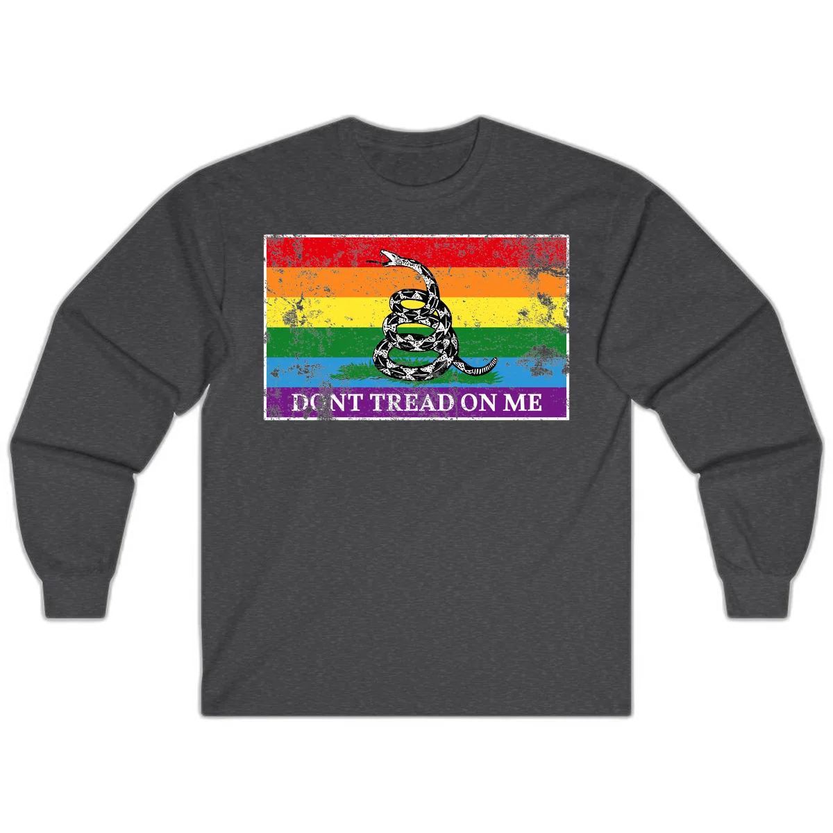Rainbow pride flag with coiled snake and 'Don't Tread On Me' text - don't tread pride snake design in Dark Heather