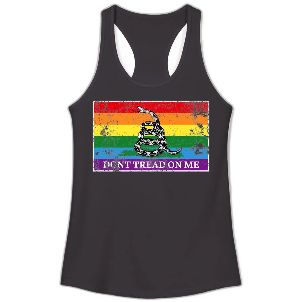 Rainbow pride flag with coiled snake and 'Don't Tread On Me' text - don't tread pride snake design in Black