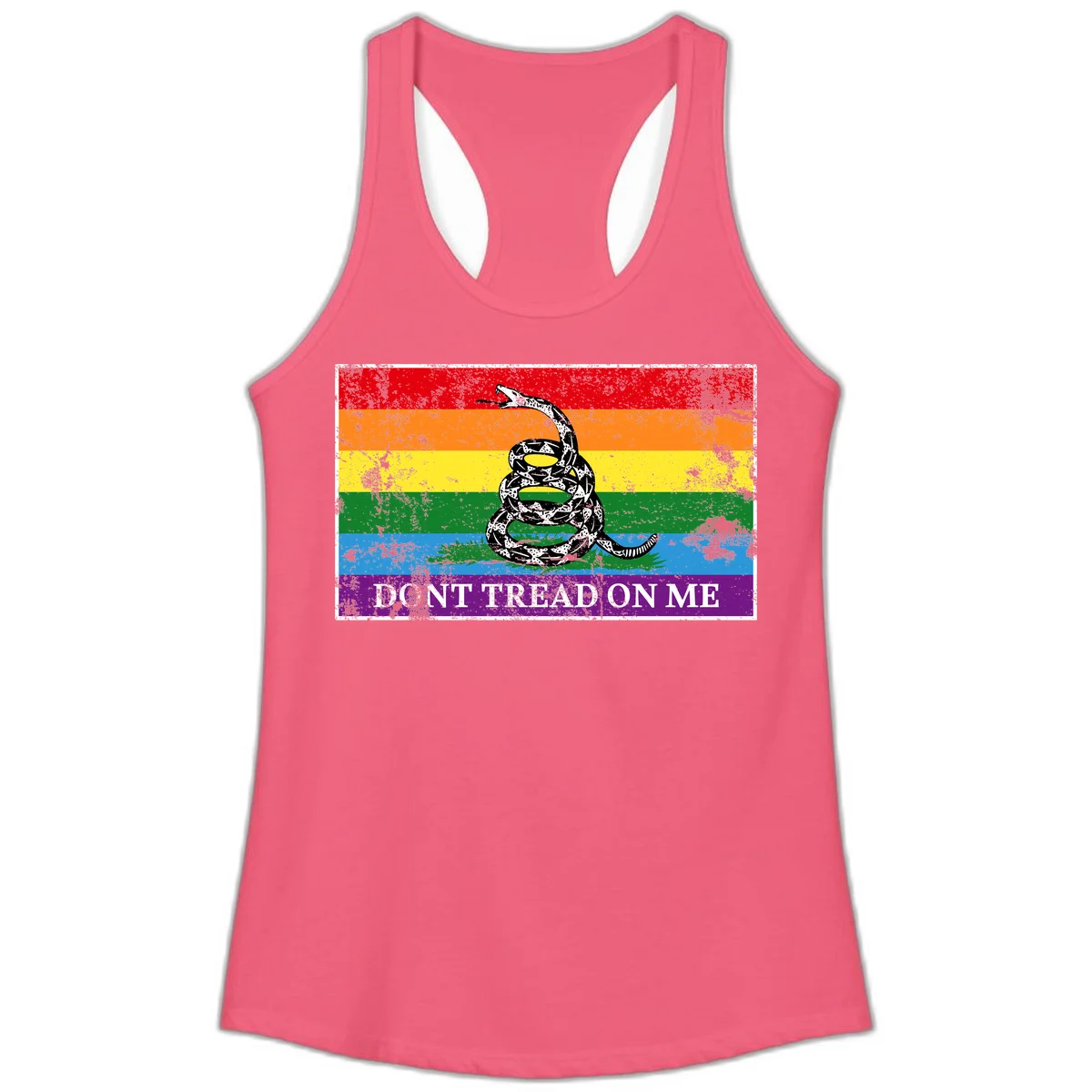 Rainbow pride flag with coiled snake and 'Don't Tread On Me' text - don't tread pride snake design in Hot Pink