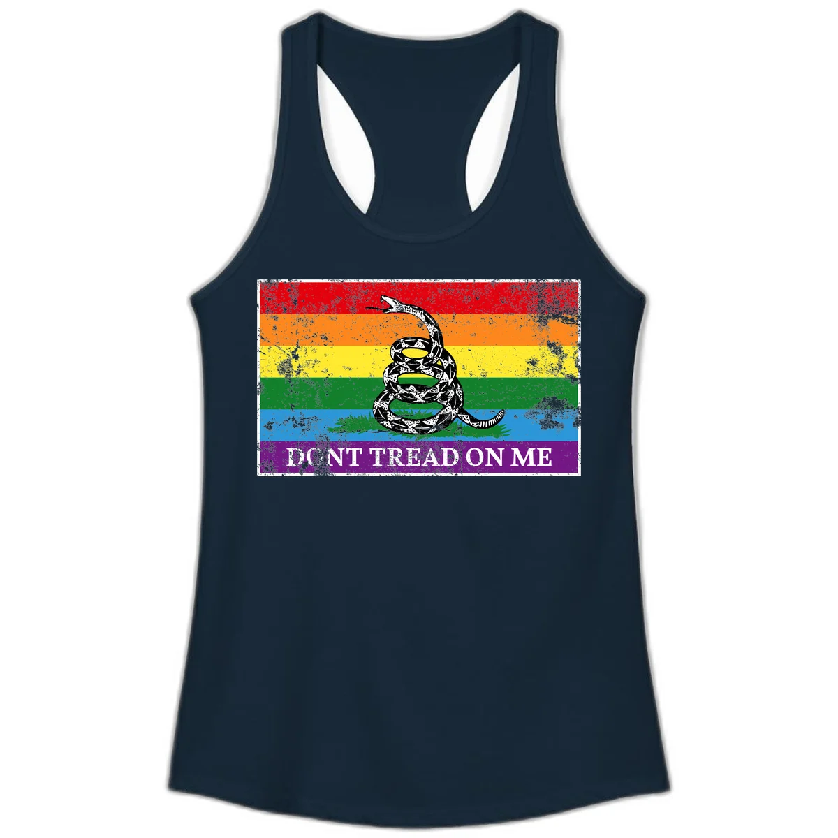 Rainbow pride flag with coiled snake and 'Don't Tread On Me' text - don't tread pride snake design in Solid Midnight Navy