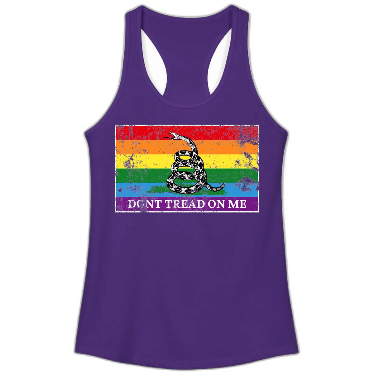 Rainbow pride flag with coiled snake and 'Don't Tread On Me' text - don't tread pride snake design in Solid Purple Rush