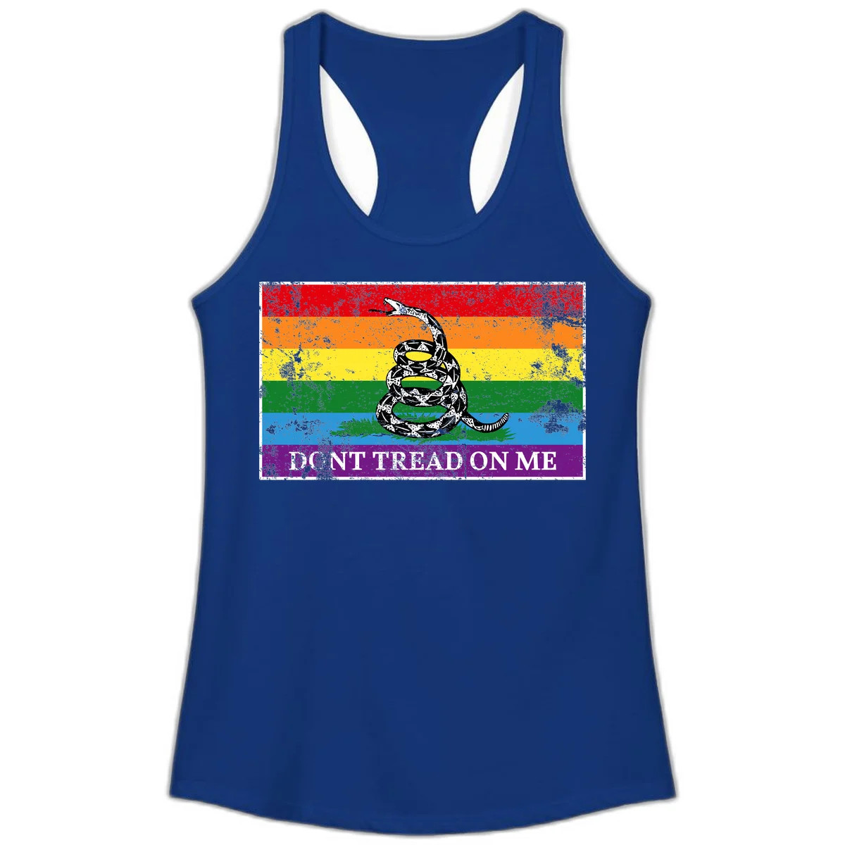 Rainbow pride flag with coiled snake and 'Don't Tread On Me' text - don't tread pride snake design in Solid Royal