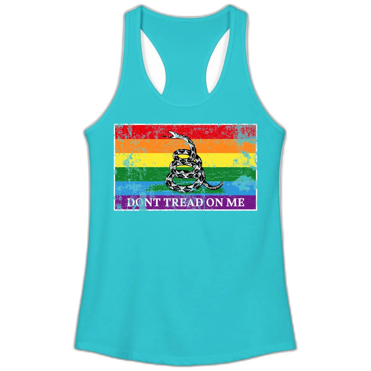 Rainbow pride flag with coiled snake and 'Don't Tread On Me' text - don't tread pride snake design in Solid Tahiti Blue