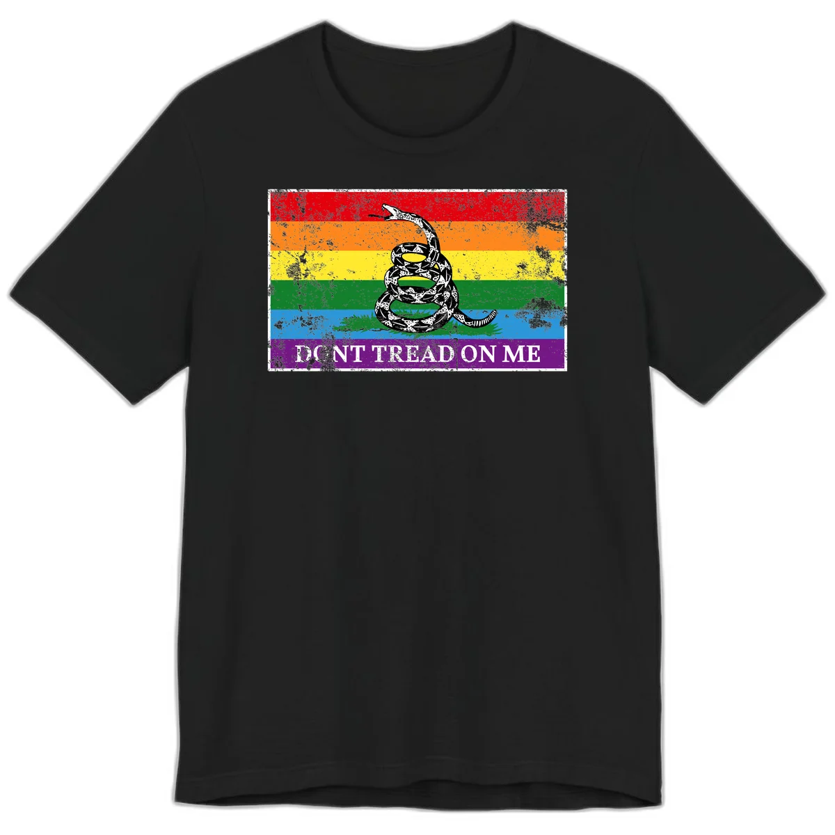 Rainbow pride flag with coiled snake and 'Don't Tread On Me' text - don't tread pride snake design in Black