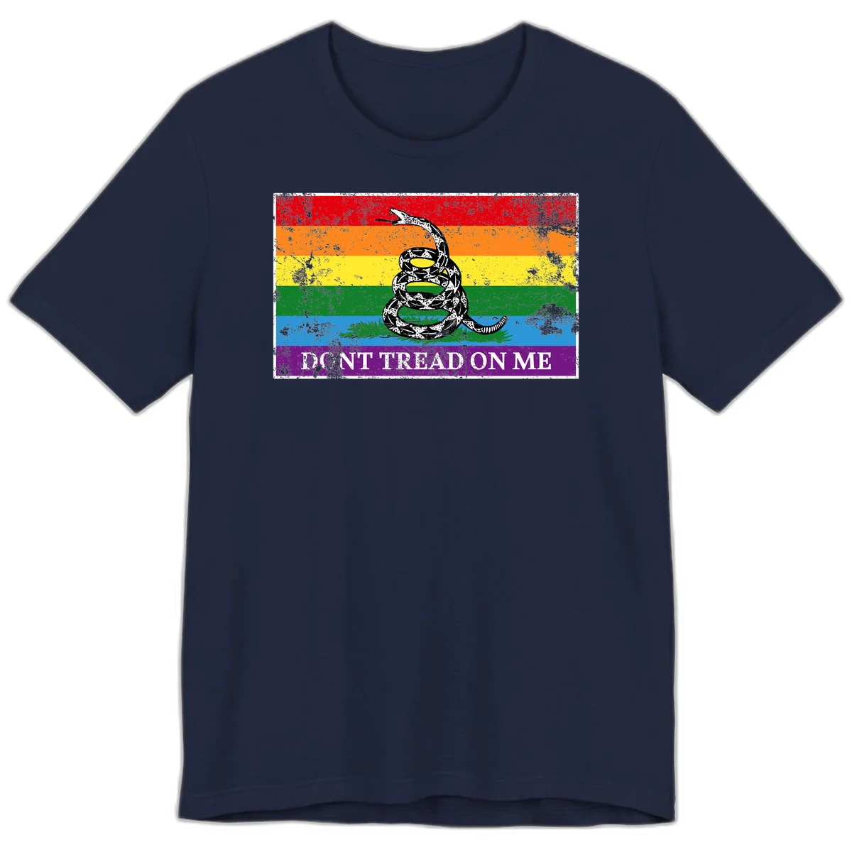 Rainbow pride flag with coiled snake and 'Don't Tread On Me' text - don't tread pride snake design in Navy