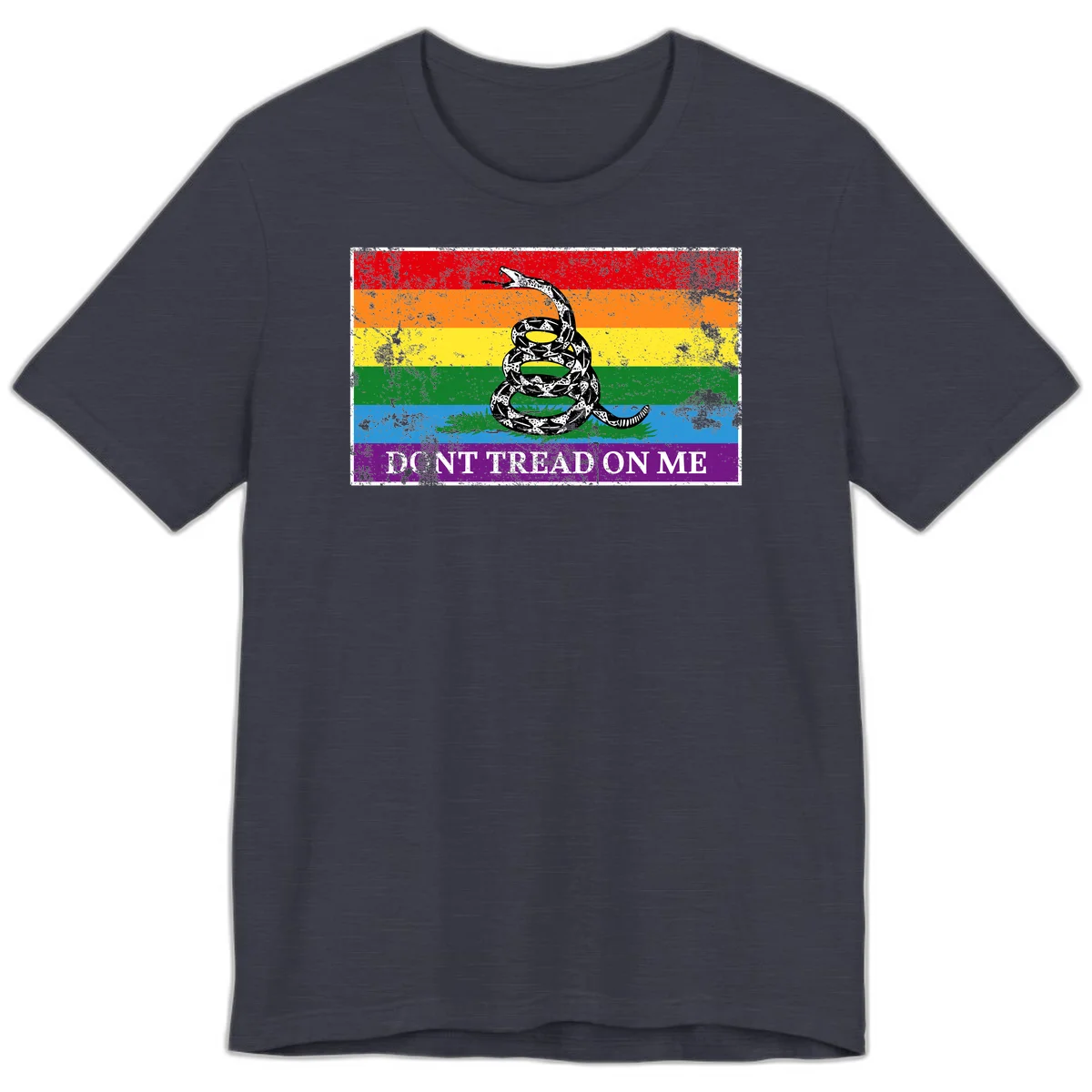 Rainbow pride flag with coiled snake and 'Don't Tread On Me' text - don't tread pride snake design in Heather Midnight Navy