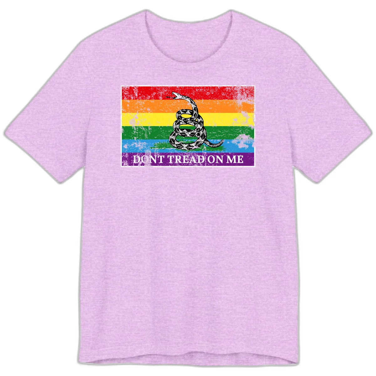 Rainbow pride flag with coiled snake and 'Don't Tread On Me' text - don't tread pride snake design in Heather Prism Lilac