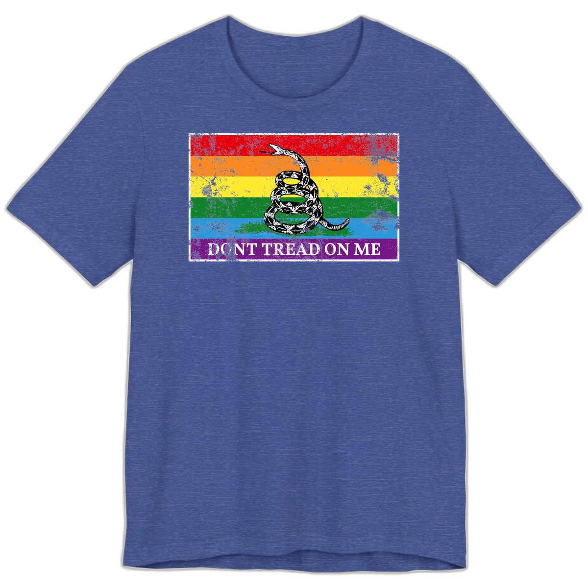 Rainbow pride flag with coiled snake and 'Don't Tread On Me' text - don't tread pride snake design in Heather True Royal