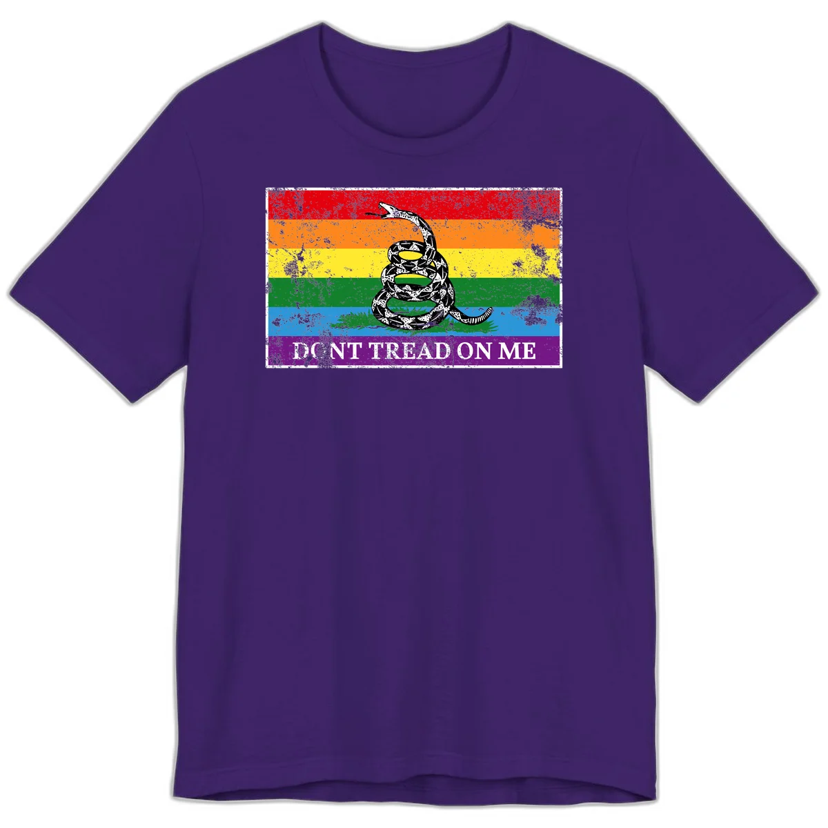 Rainbow pride flag with coiled snake and 'Don't Tread On Me' text - don't tread pride snake design in Team Purple