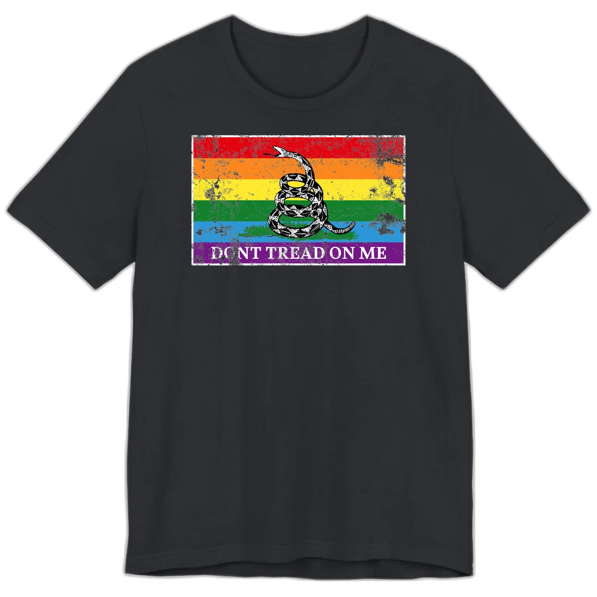 Rainbow pride flag with coiled snake and 'Don't Tread On Me' text - don't tread pride snake design in Vintage Black