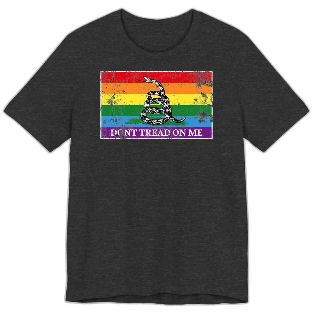 Rainbow pride flag with coiled snake and 'Don't Tread On Me' text - don't tread pride snake design in Dark Grey Heather