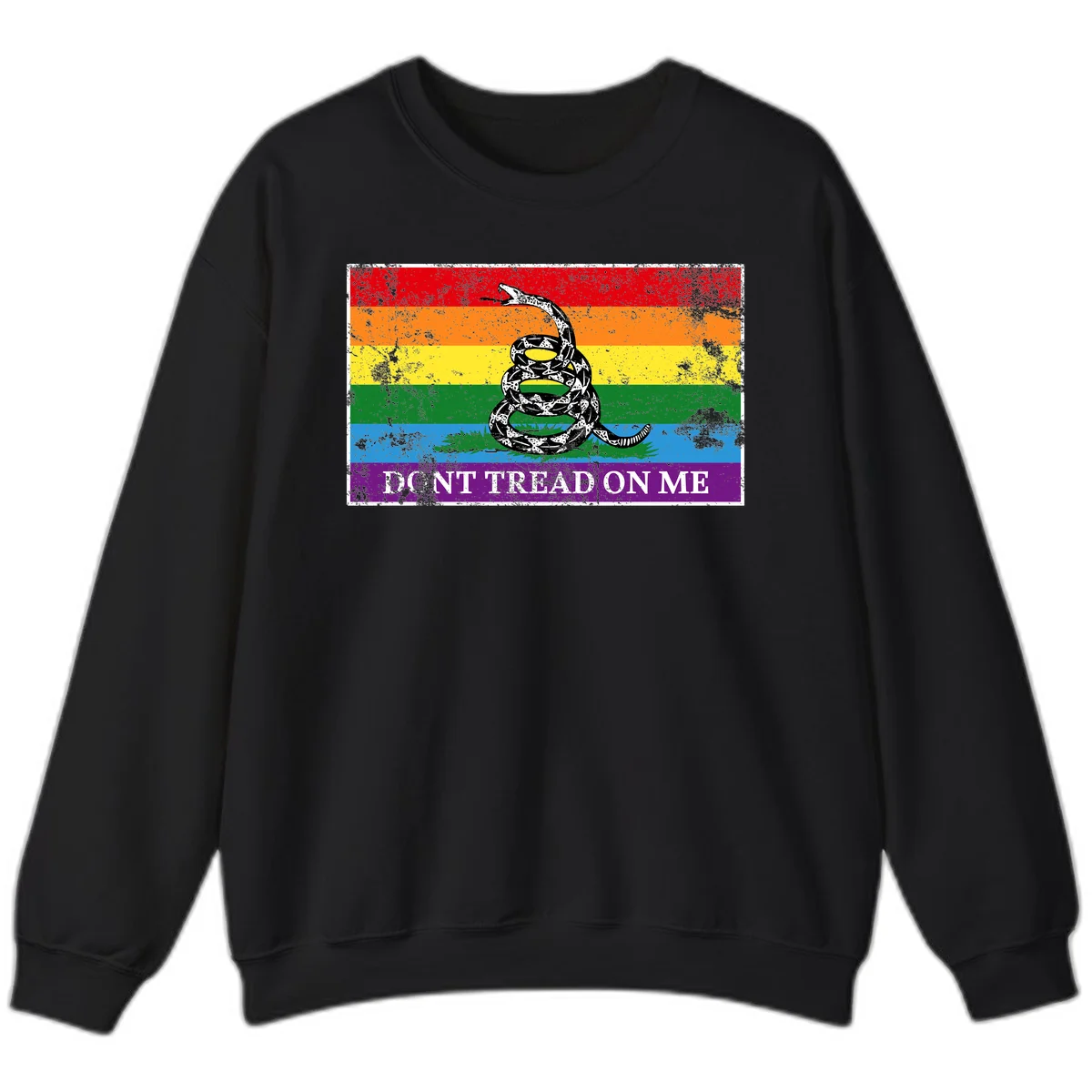 Rainbow pride flag with coiled snake and 'Don't Tread On Me' text - don't tread pride snake design in Black