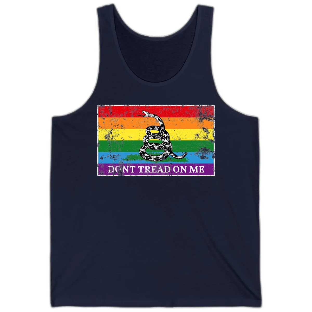 Rainbow pride flag with coiled snake and 'Don't Tread On Me' text - don't tread pride snake design in Navy