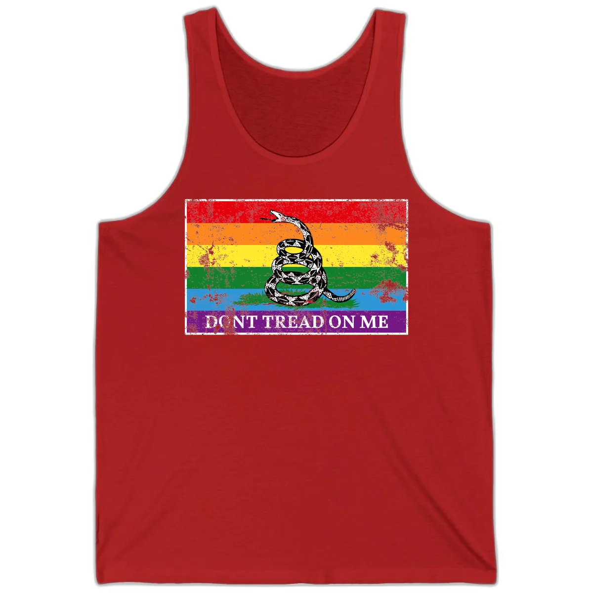 Rainbow pride flag with coiled snake and 'Don't Tread On Me' text - don't tread pride snake design in Red