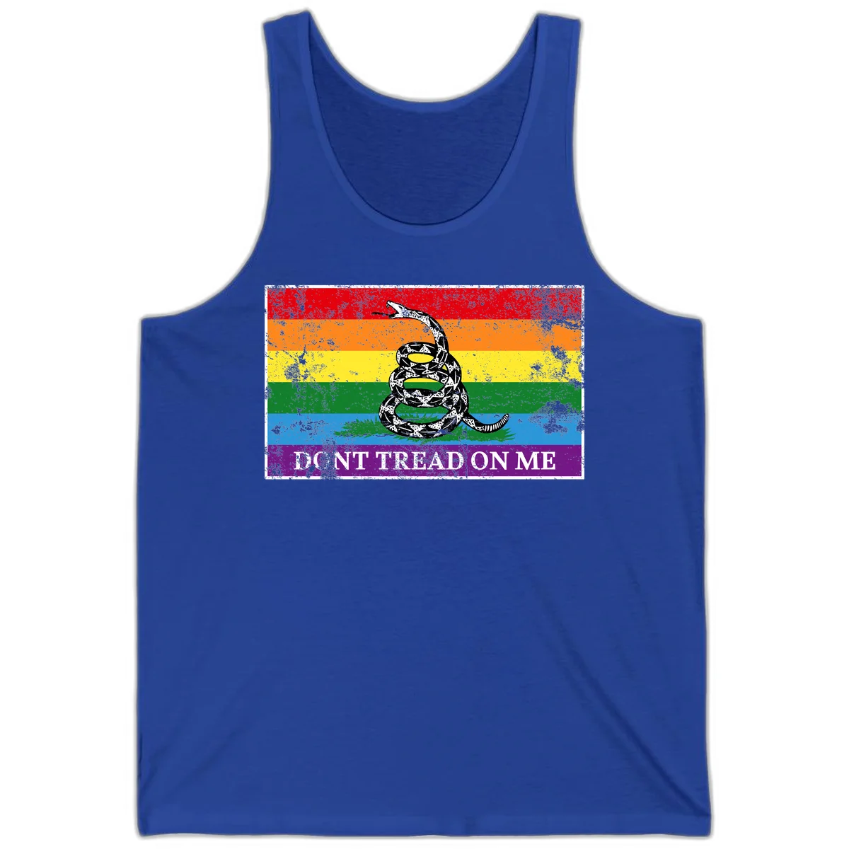 Rainbow pride flag with coiled snake and 'Don't Tread On Me' text - don't tread pride snake design in True Royal