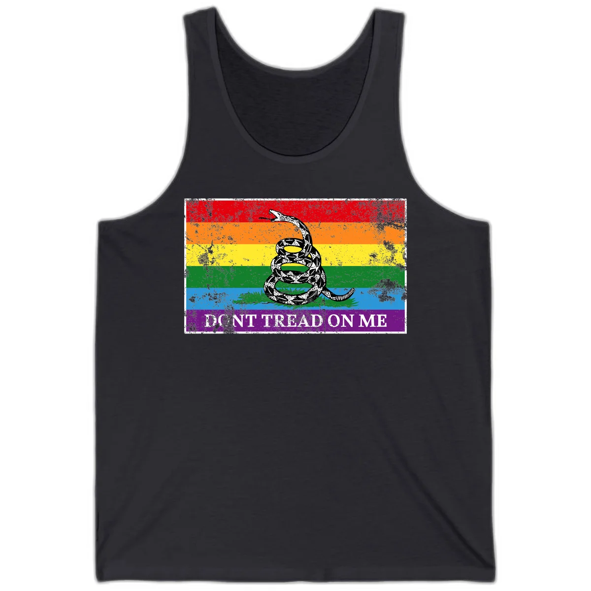 Rainbow pride flag with coiled snake and 'Don't Tread On Me' text - don't tread pride snake design in Dark Grey