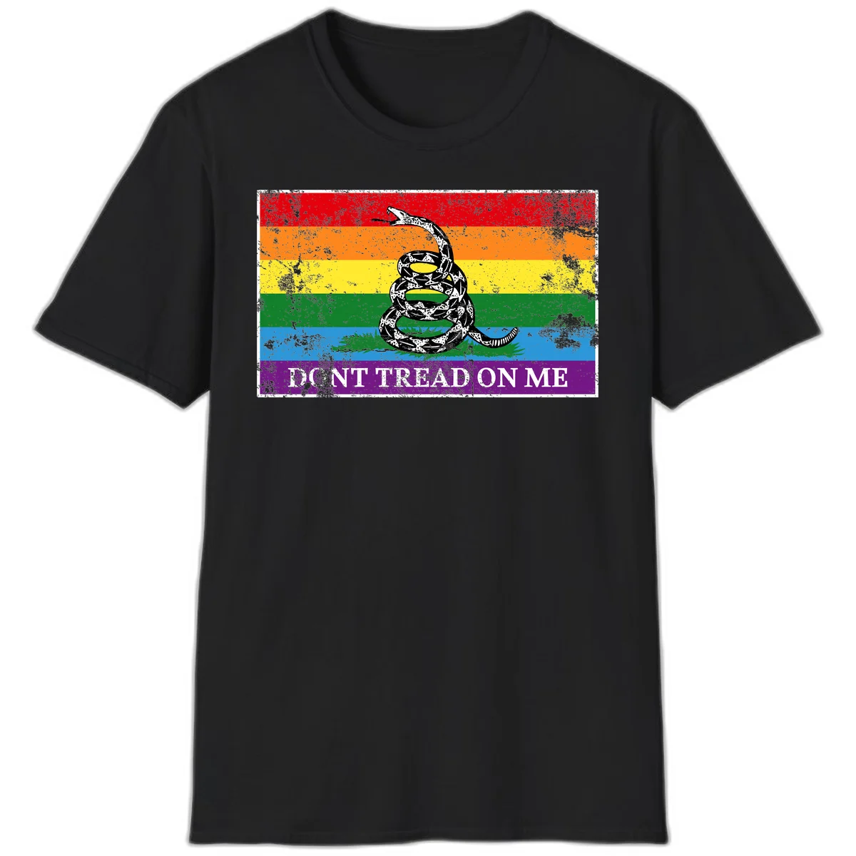 Rainbow pride flag with coiled snake and 'Don't Tread On Me' text - don't tread pride snake design in Black