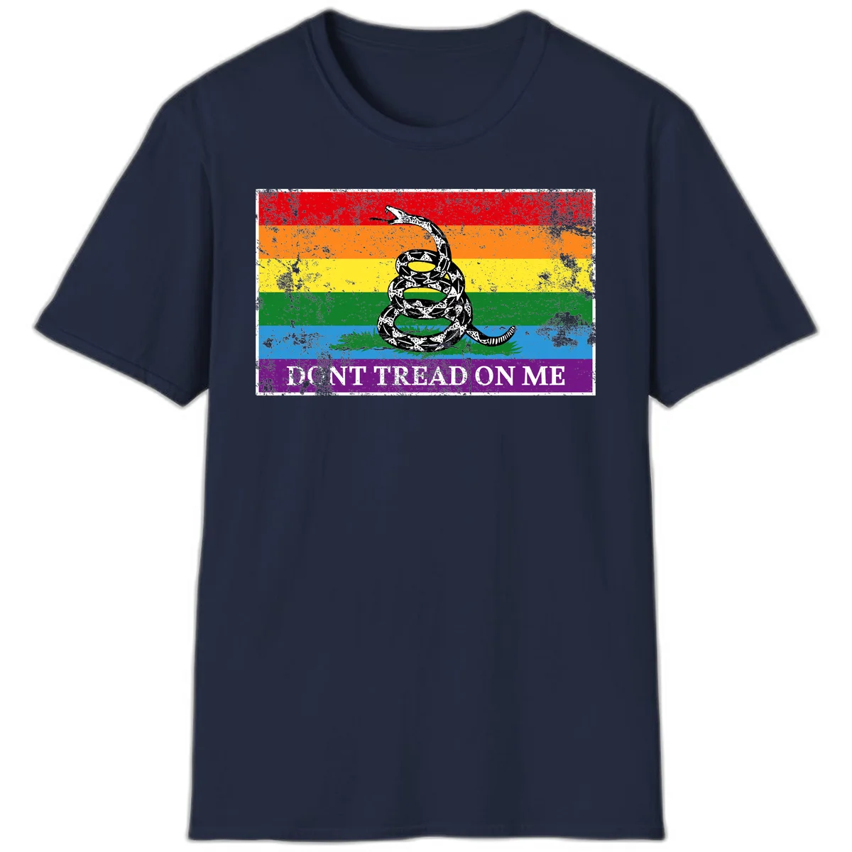 Rainbow pride flag with coiled snake and 'Don't Tread On Me' text - don't tread pride snake design in Navy
