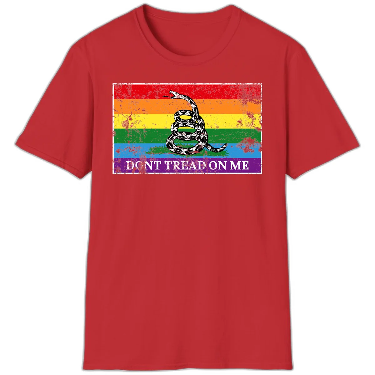 Rainbow pride flag with coiled snake and 'Don't Tread On Me' text - don't tread pride snake design in Red