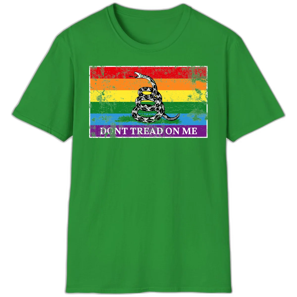 Rainbow pride flag with coiled snake and 'Don't Tread On Me' text - don't tread pride snake design in Irish Green