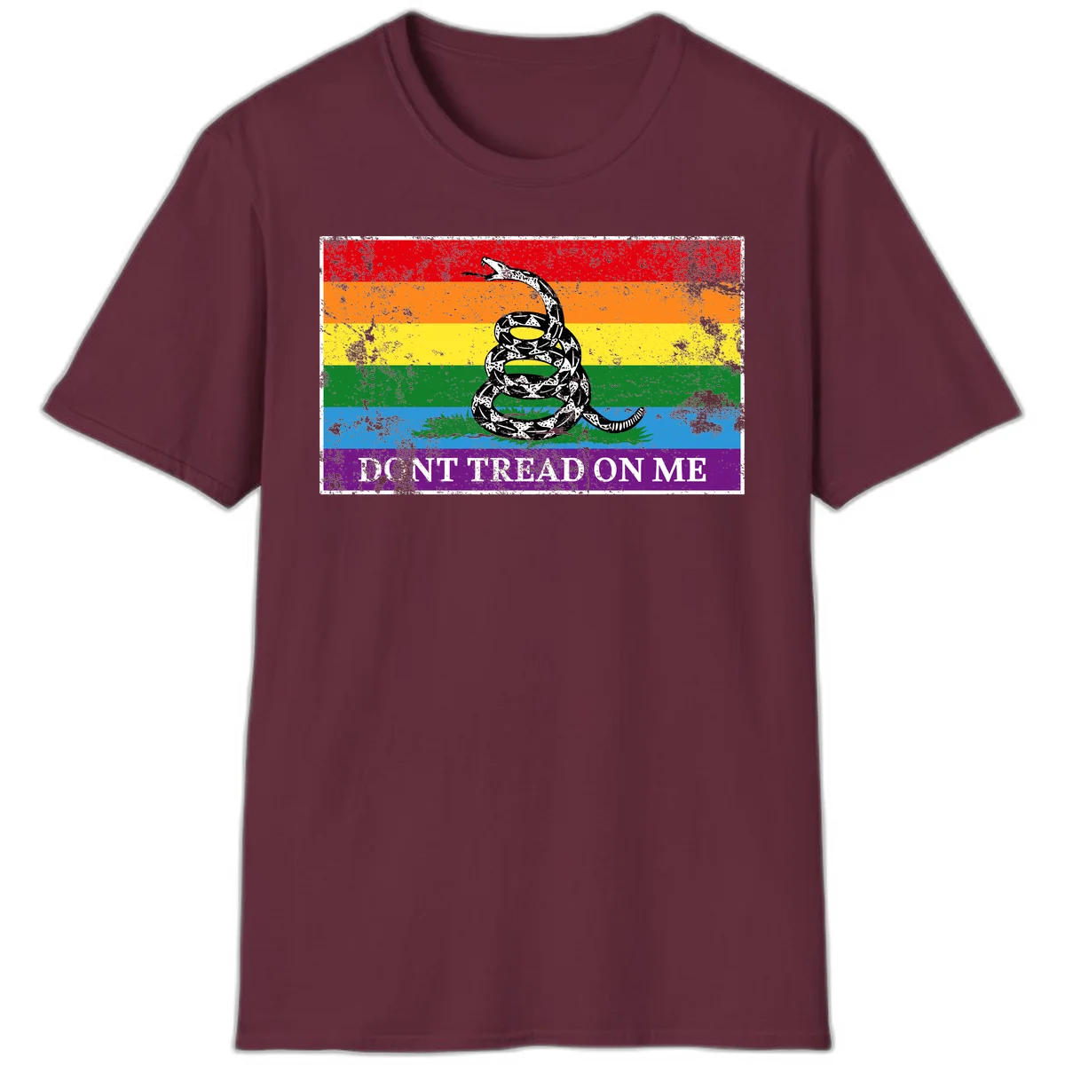 Rainbow pride flag with coiled snake and 'Don't Tread On Me' text - don't tread pride snake design in Maroon