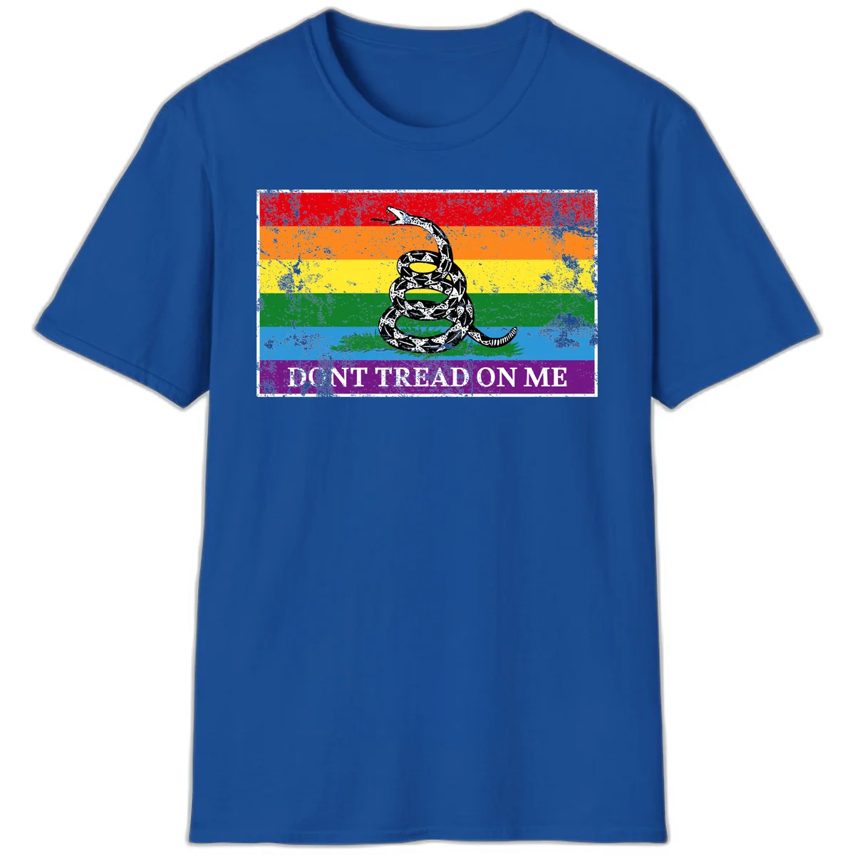 Rainbow pride flag with coiled snake and 'Don't Tread On Me' text - don't tread pride snake design in Royal