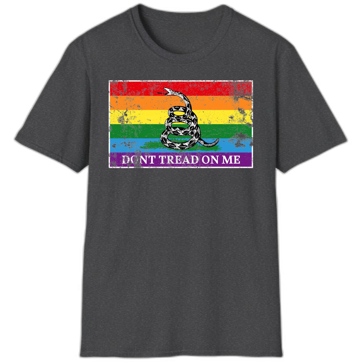 Rainbow pride flag with coiled snake and 'Don't Tread On Me' text - don't tread pride snake design in Dark Heather