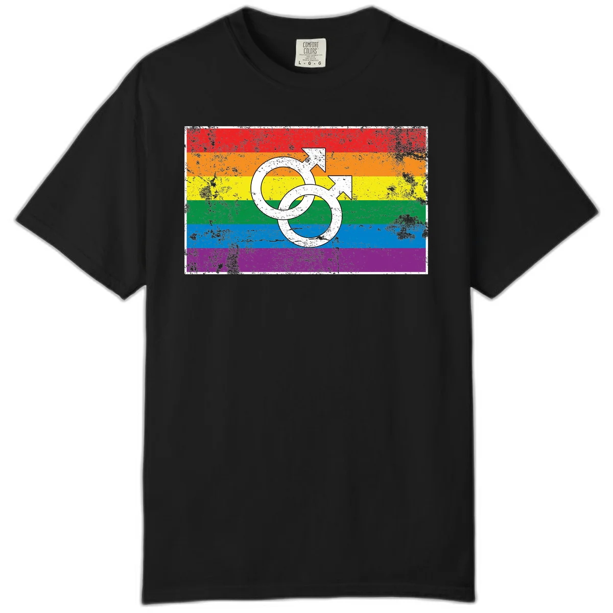 Two interlocking white male symbols overlaid on a distressed rainbow pride flag with horizontal stripes in Black