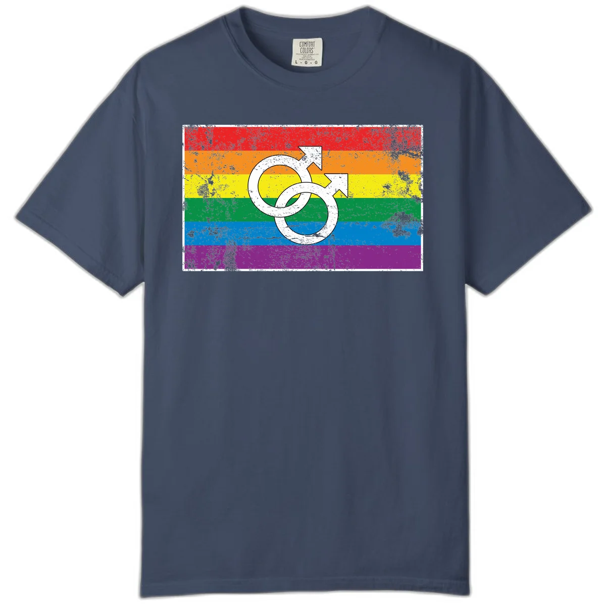 Two interlocking white male symbols overlaid on a distressed rainbow pride flag with horizontal stripes in Midnight
