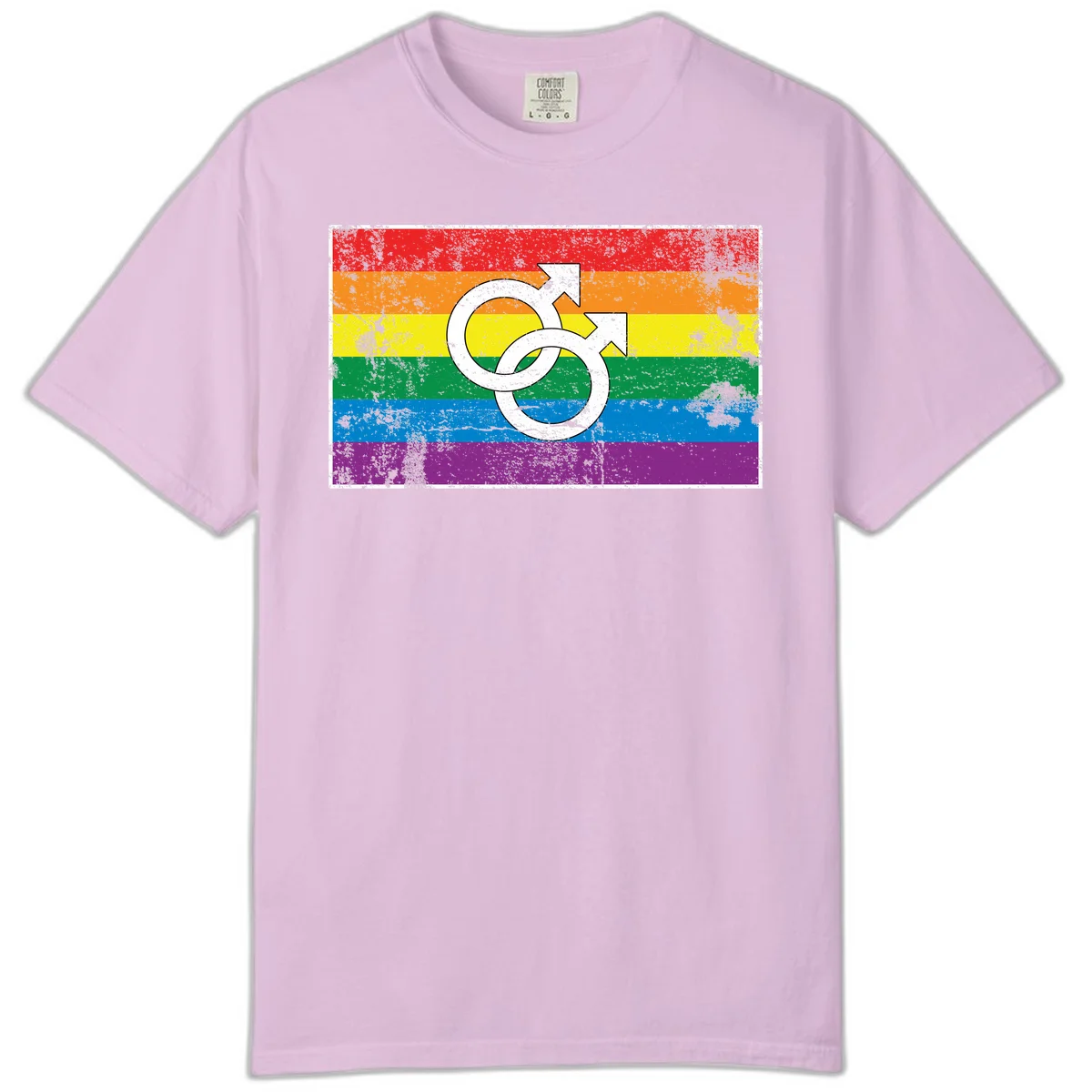 Two interlocking white male symbols overlaid on a distressed rainbow pride flag with horizontal stripes in Orchid
