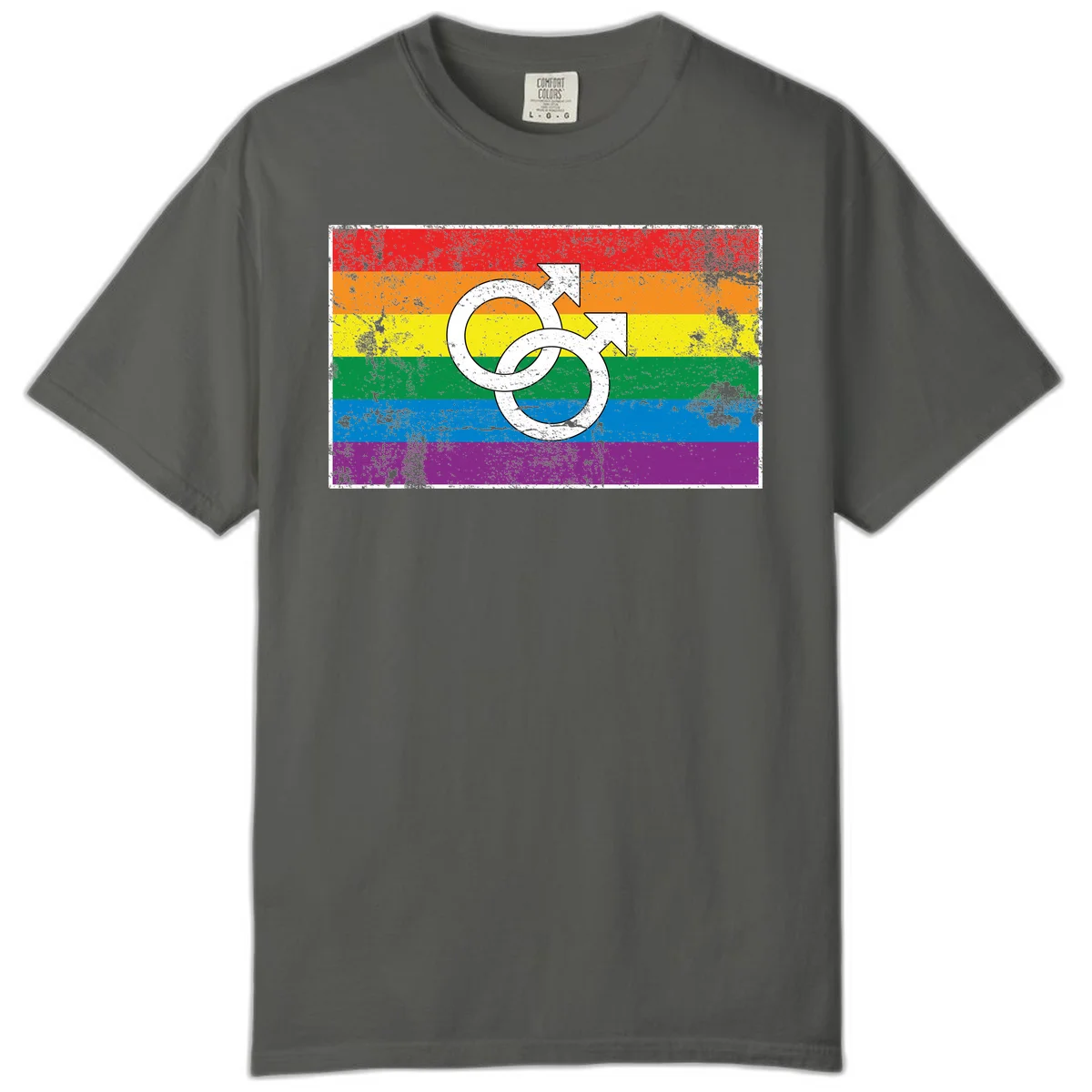 Two interlocking white male symbols overlaid on a distressed rainbow pride flag with horizontal stripes in Pepper