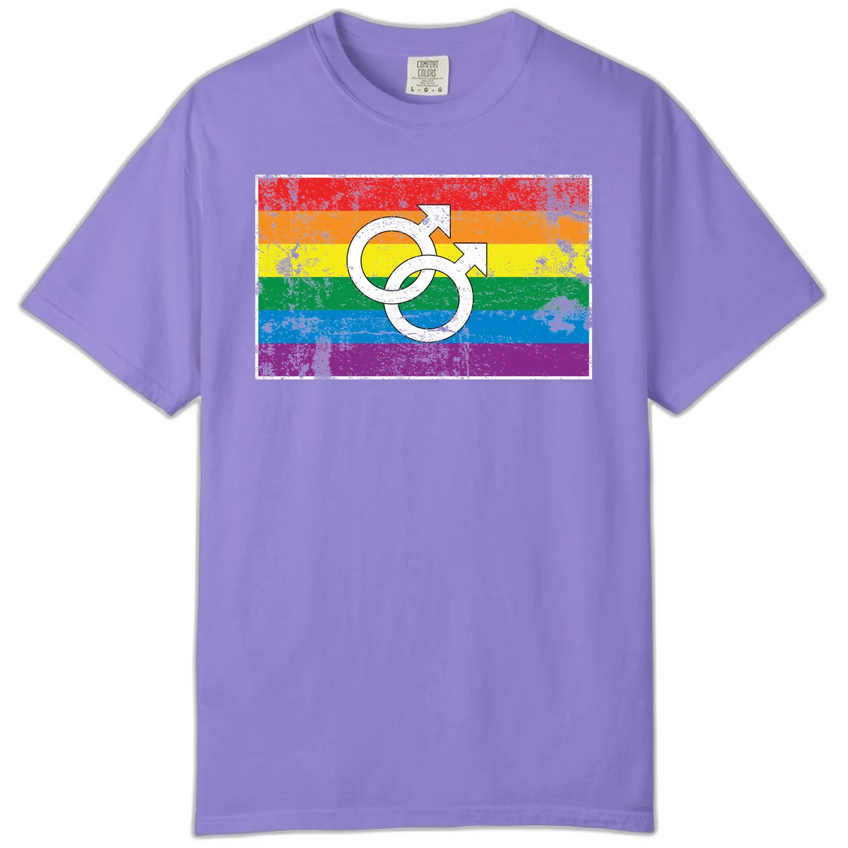 Two interlocking white male symbols overlaid on a distressed rainbow pride flag with horizontal stripes in Violet