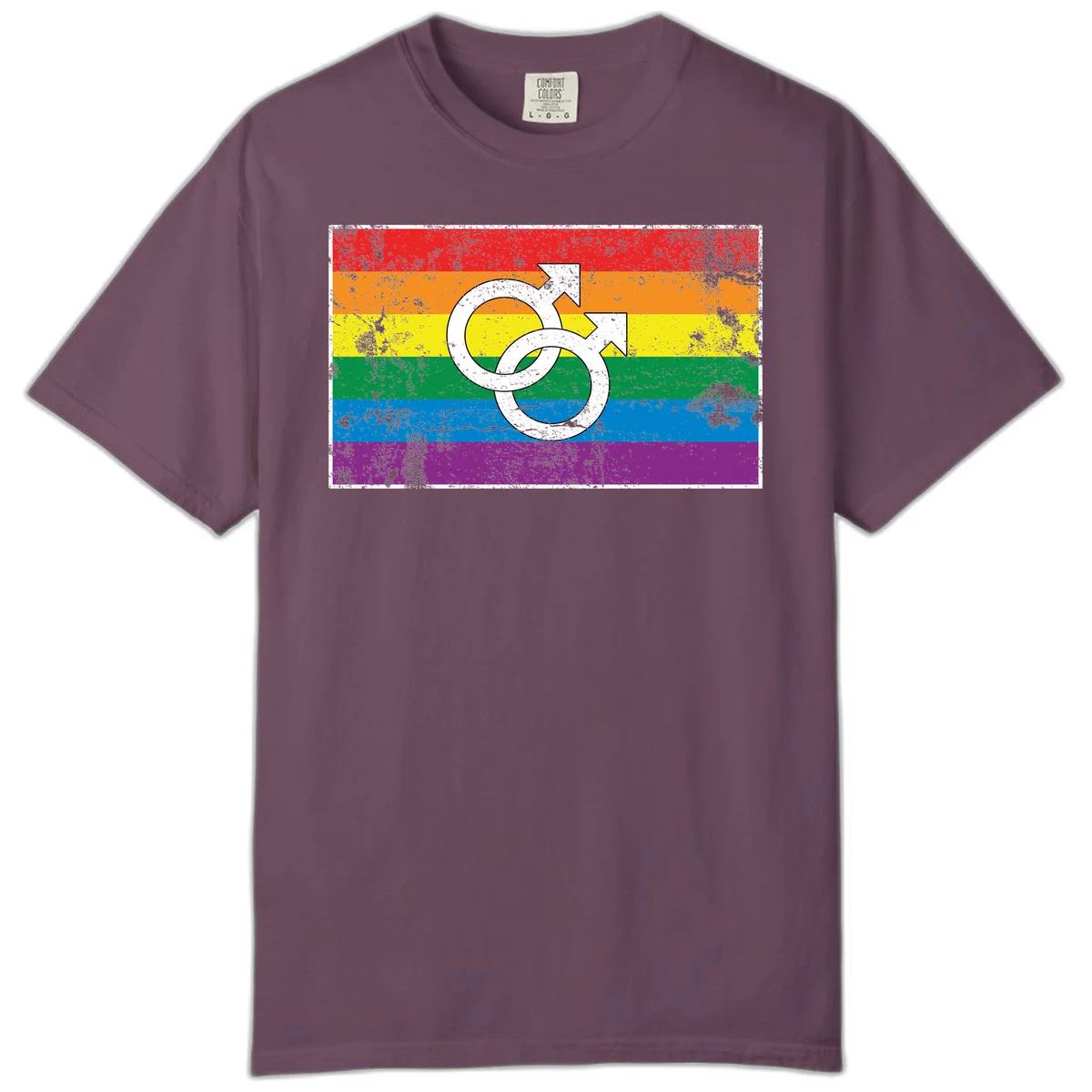 Two interlocking white male symbols overlaid on a distressed rainbow pride flag with horizontal stripes in Berry