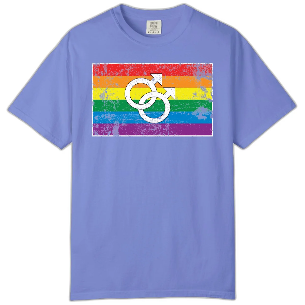 Two interlocking white male symbols overlaid on a distressed rainbow pride flag with horizontal stripes in Flo Blue